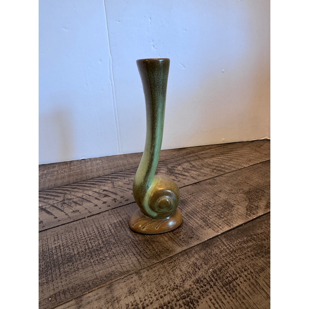 Frankoma Bud Vase 7in" Prairie Green Snail Nautilus Shell MCM Home Decor - Picture 2 of 7